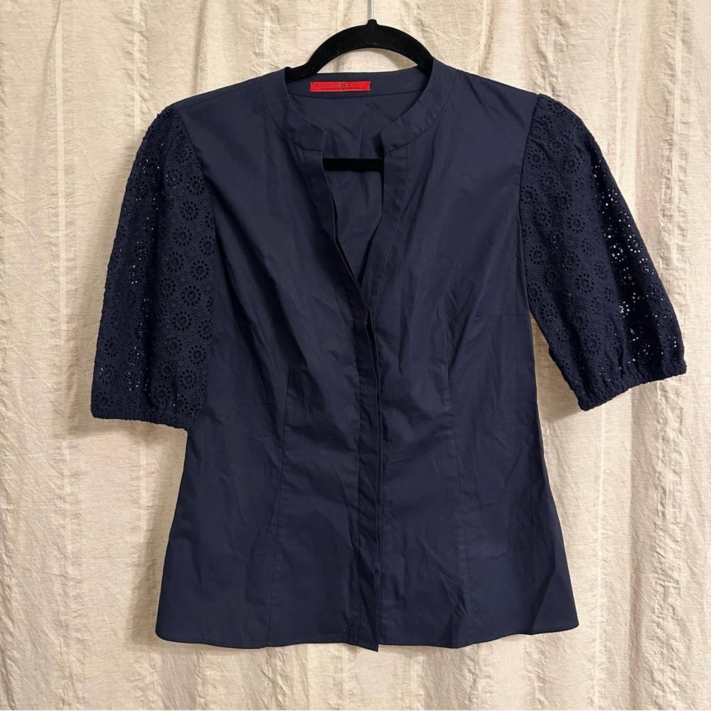 Carolina Herrera Eyelet‎ 3/4 Sleeve Blouson Top Navy Blue Size size 4